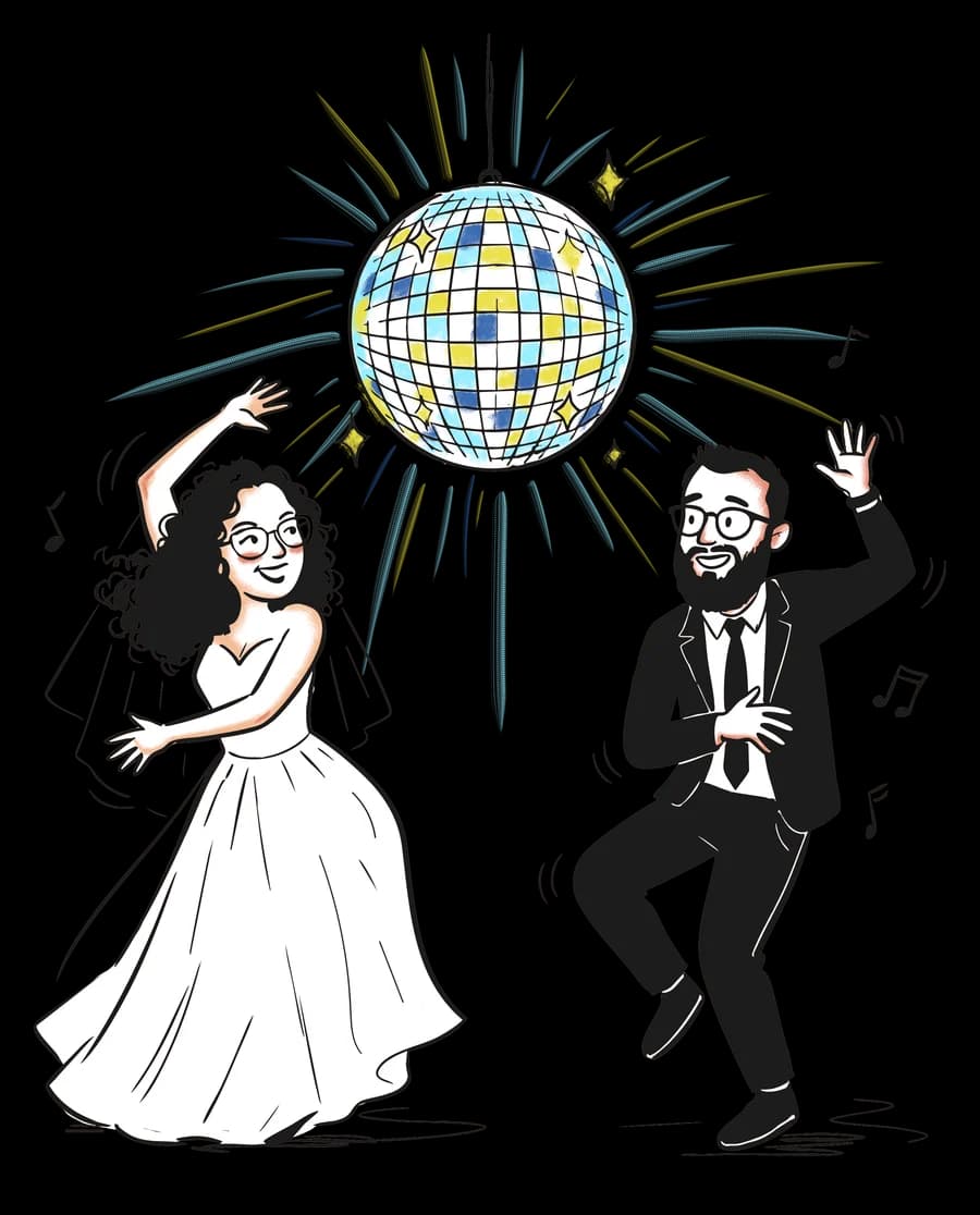 Ilustração de Gabriel e Geovanna dançando embaixo de um globo de espelhos