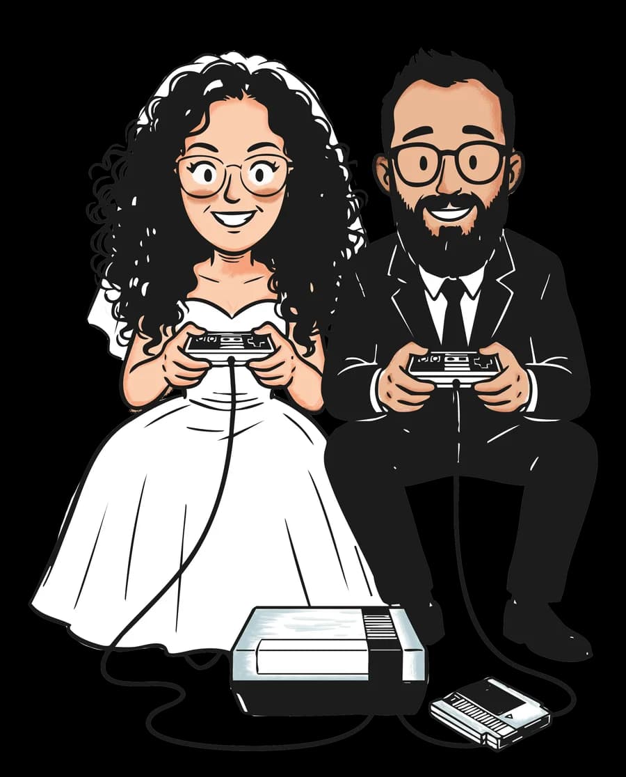 Ilustração de Gabriel e Geovanna, vestidos de noivos, jogando videogame